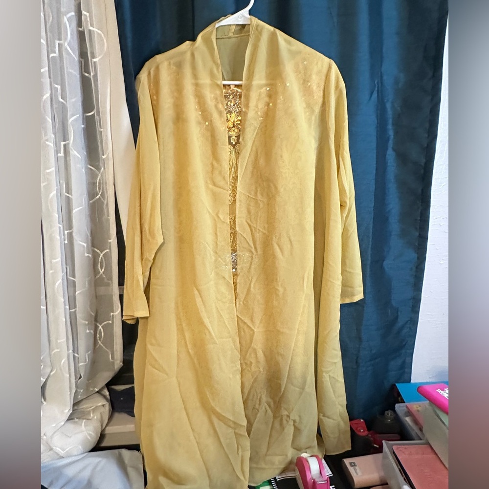 Gold Lace Embroidered Dress with Sequins and Waist Rhinestone Detail - Picture 2 of 6